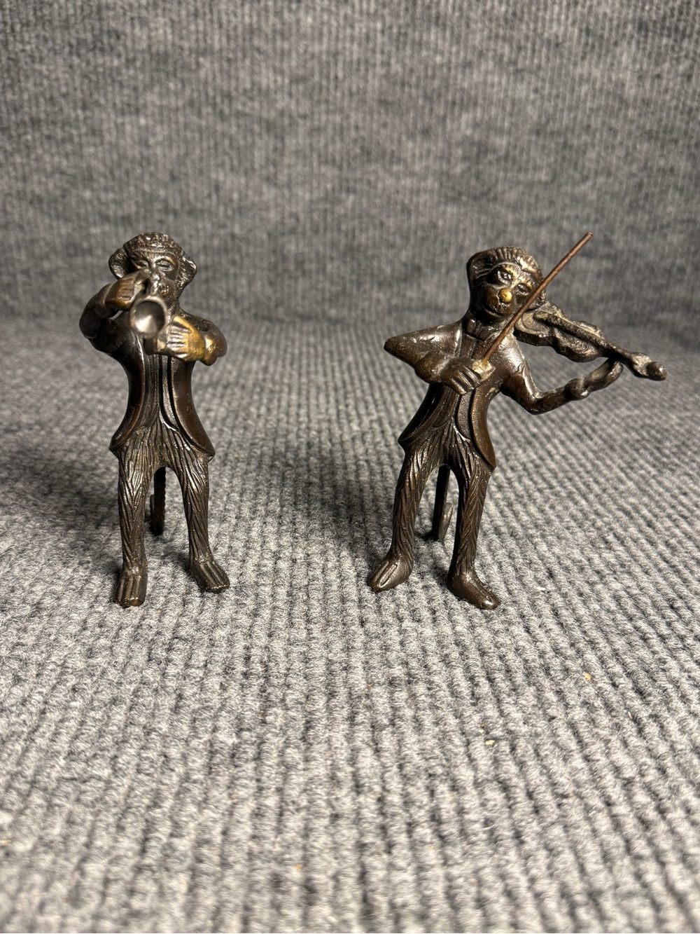 Vintage GATCO Style Bronze Monkey Musician Statues Heavy Metal Trumpet & Fiddle